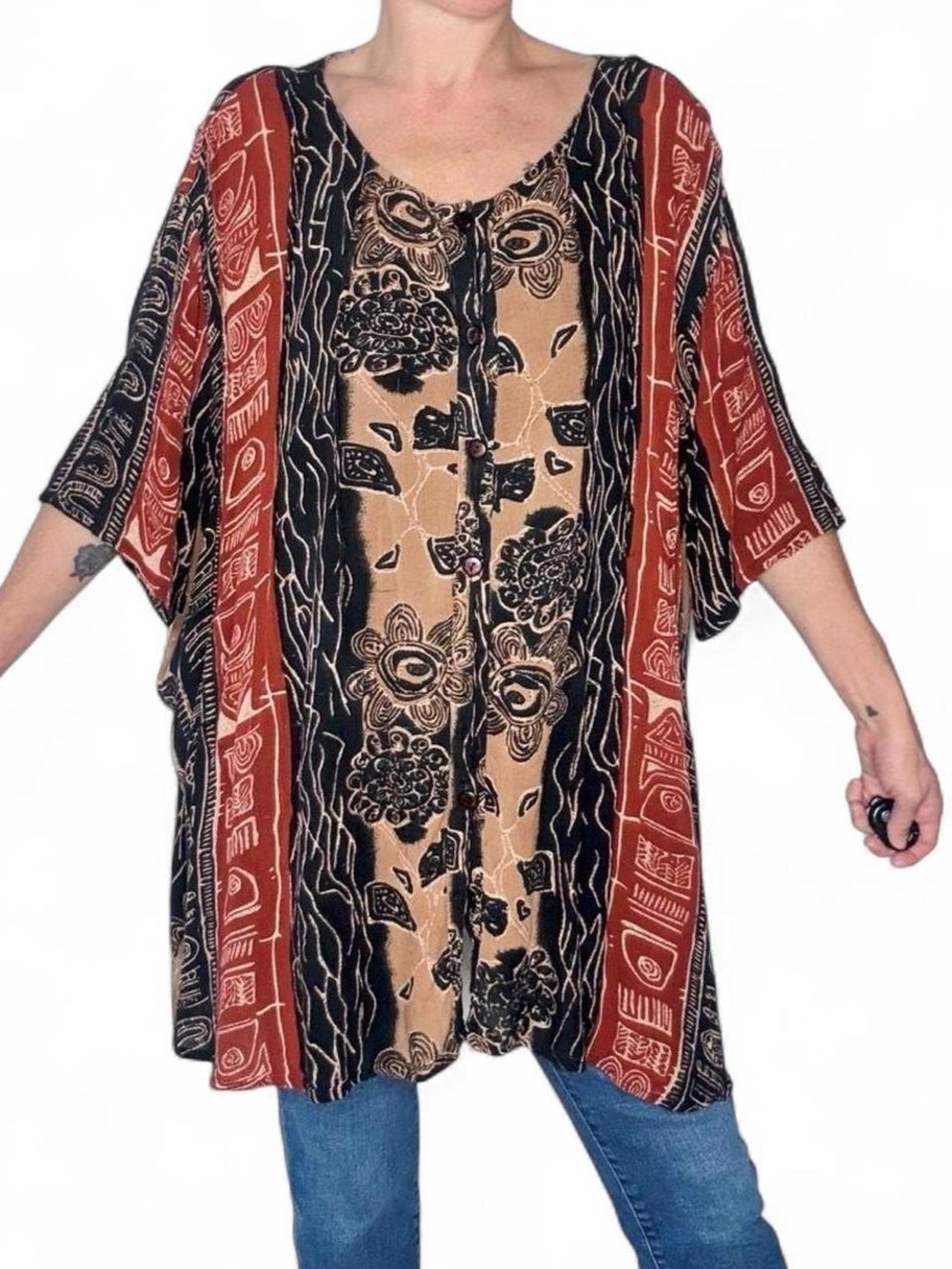 Vintage Oversized Button Down Tunic Tribal Floral Printed Blouse